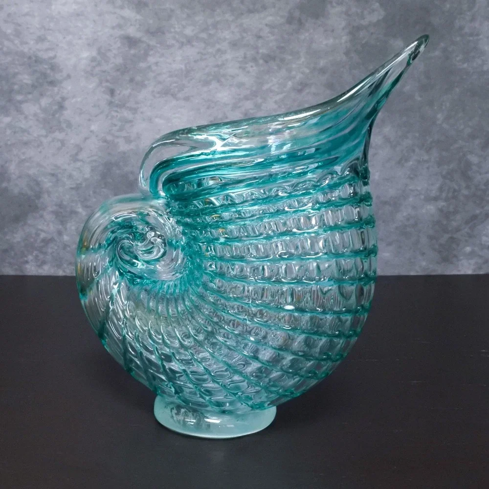 Hand Blown Art Glass Green Blue Nautilus Conch Sea Shell Vase